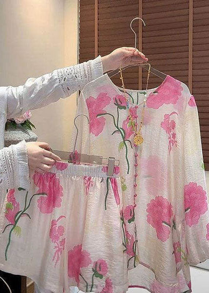 Style Pink Oversized Print Cotton Two Pieces Set Summer