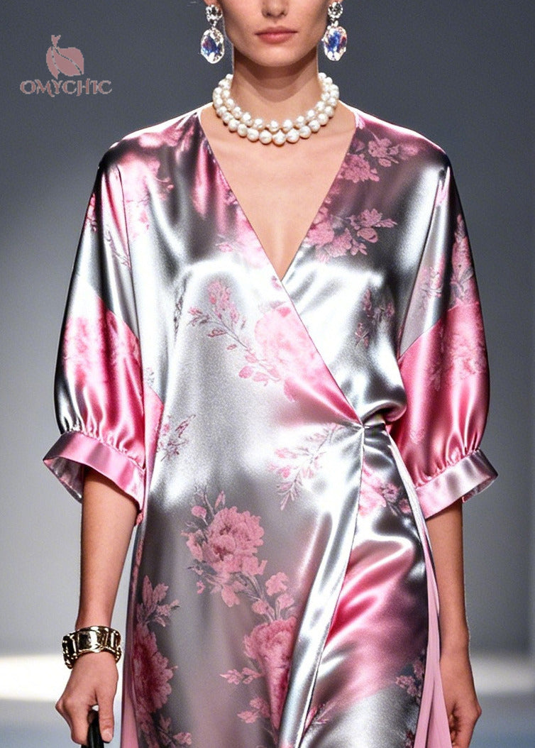 Style Pink Print Patchwork Silk Holiday Dress Summer