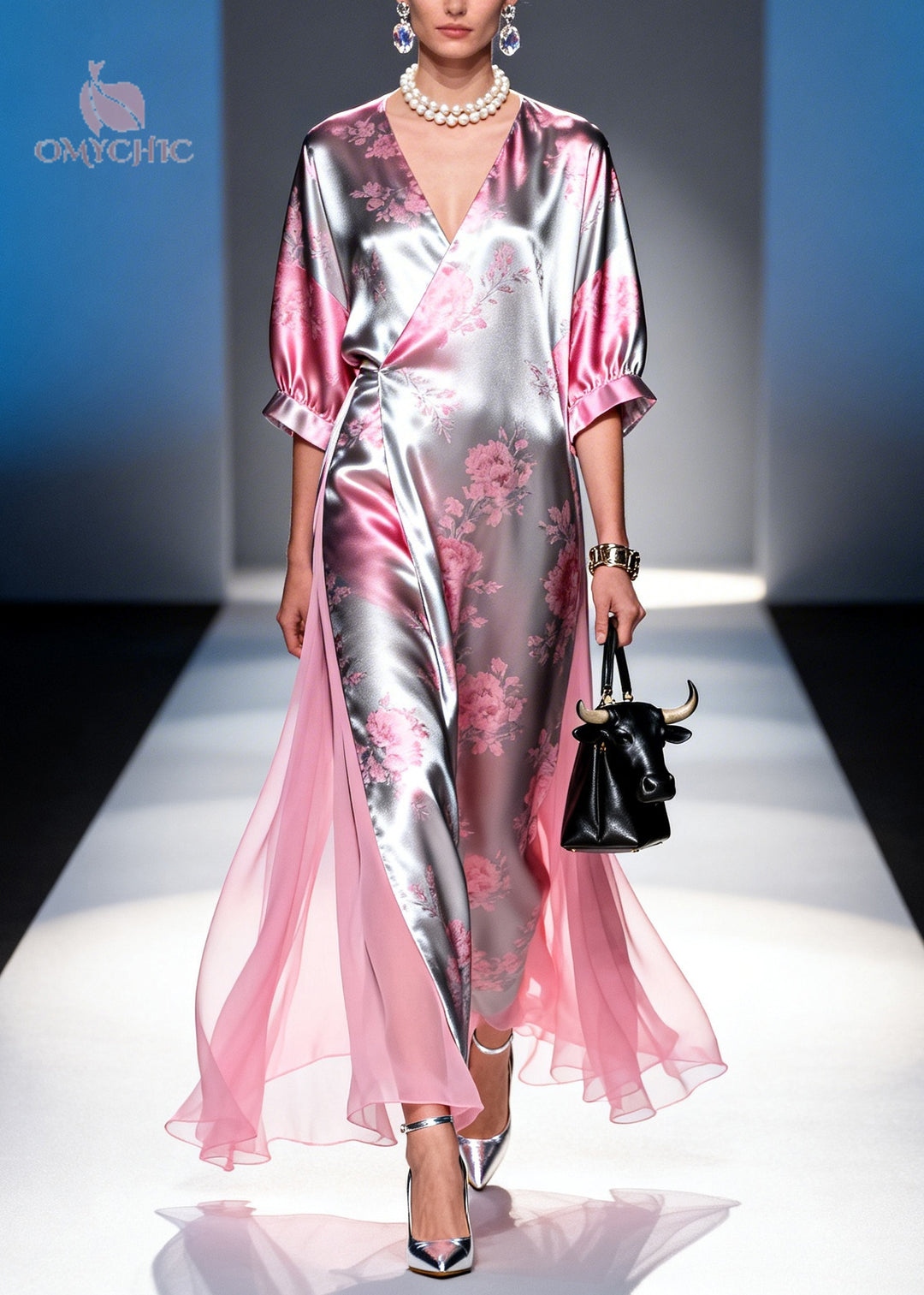 Style Pink Print Patchwork Silk Holiday Dress Summer