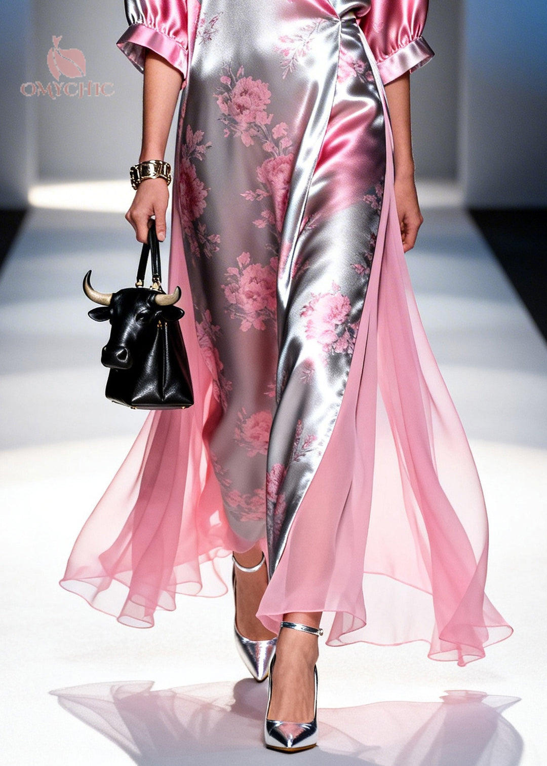 Style Pink Print Patchwork Silk Holiday Dress Summer