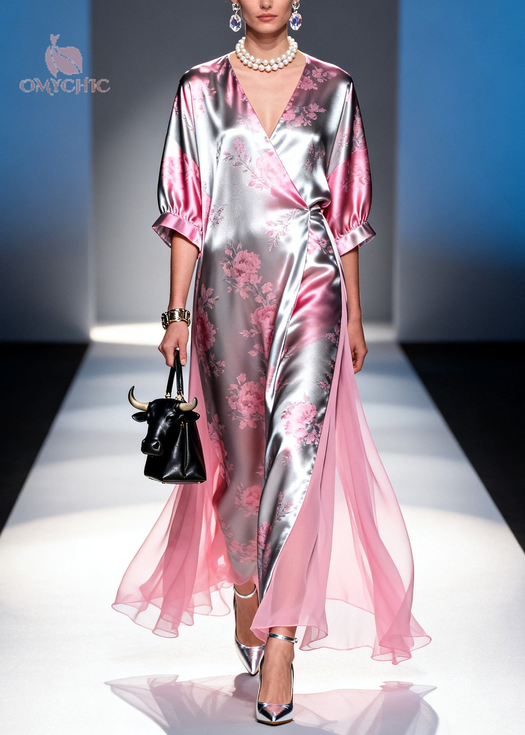 Style Pink Print Patchwork Silk Holiday Dress Summer