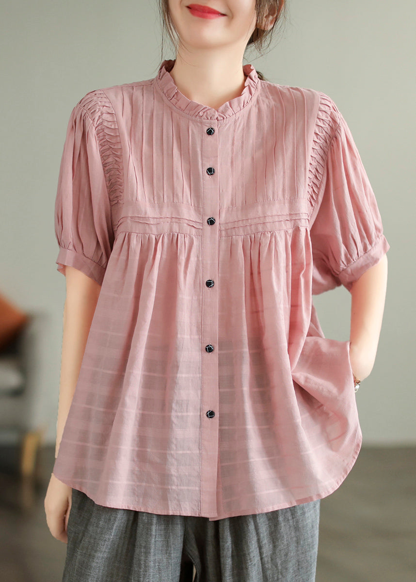 Style Pink Ruffled Wrinkled Cotton Shirt Summer