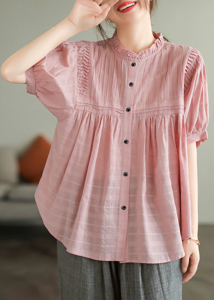 Style Pink Ruffled Wrinkled Cotton Shirt Summer
