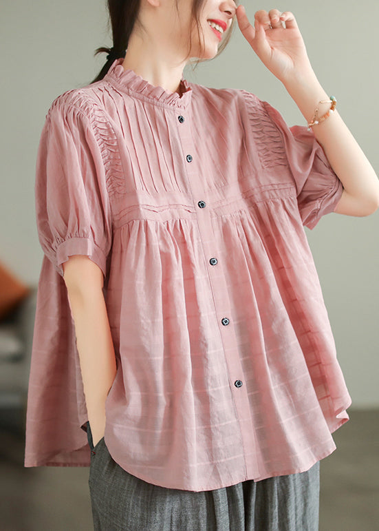 Style Pink Ruffled Wrinkled Cotton Shirt Summer