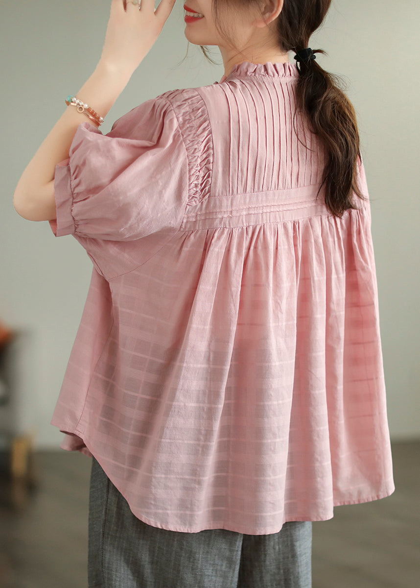 Style Pink Ruffled Wrinkled Cotton Shirt Summer