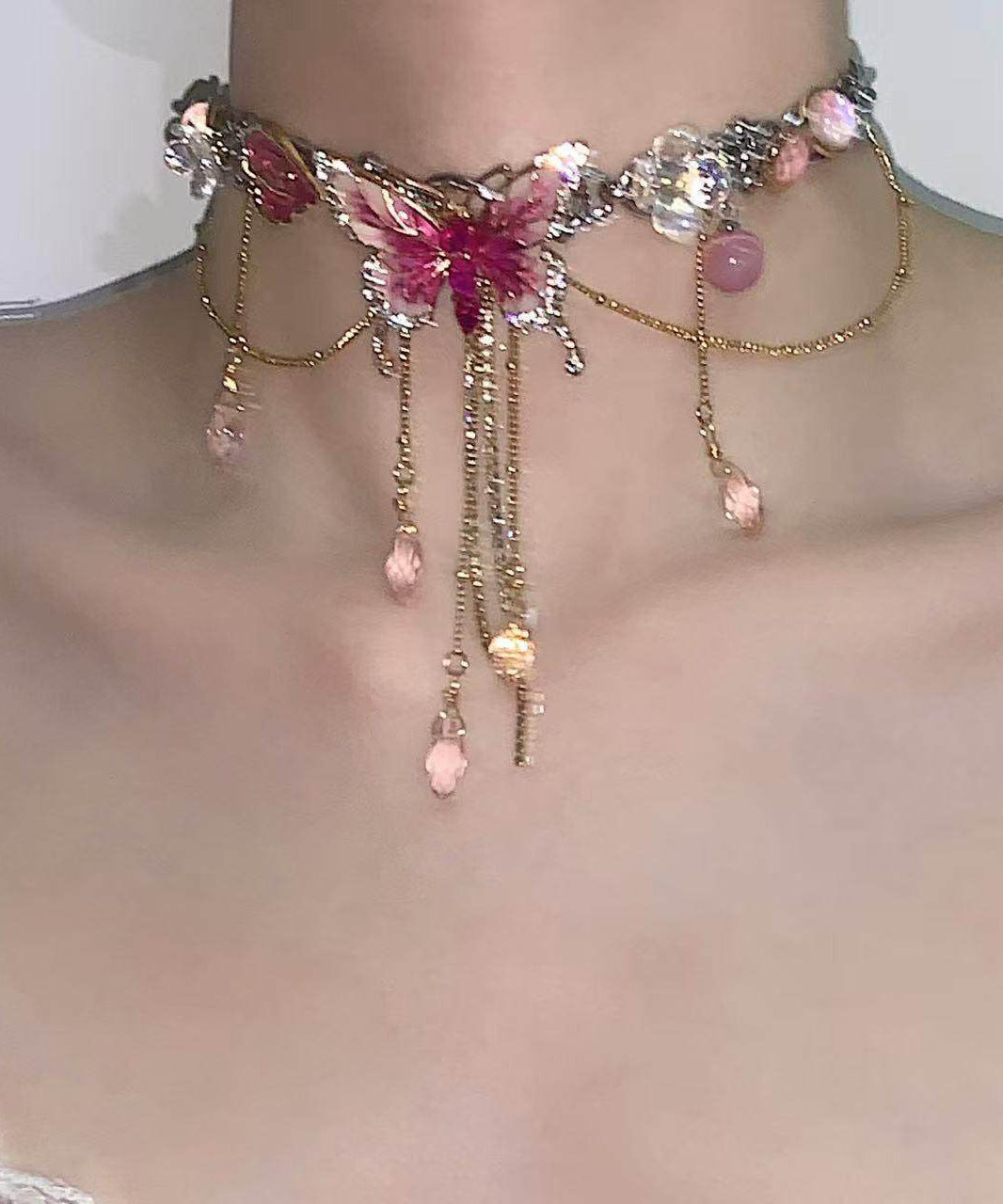 Style Pink Stainless Steel Butterfly Tassel Lariat Necklace