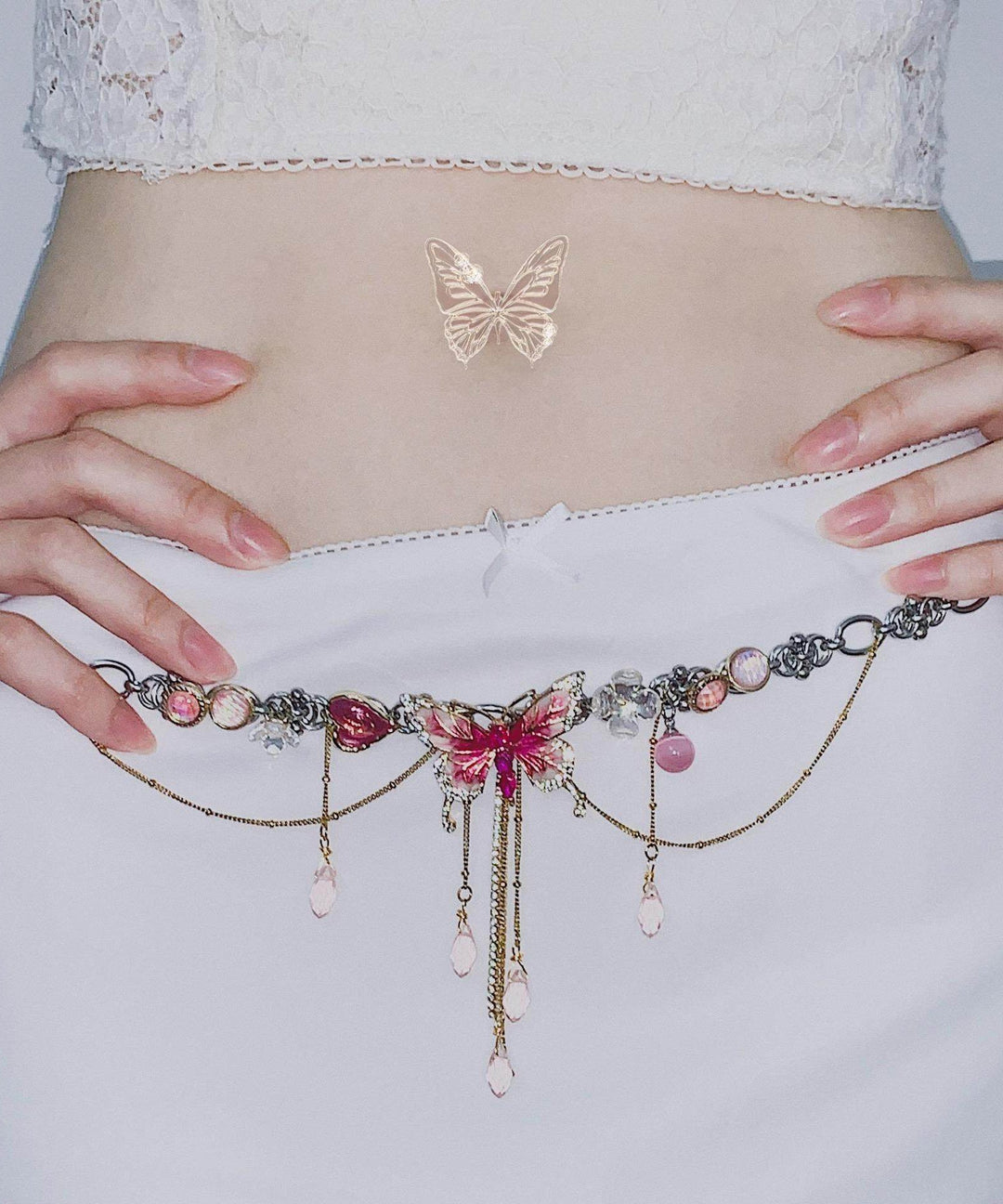 Style Pink Stainless Steel Butterfly Tassel Lariat Necklace