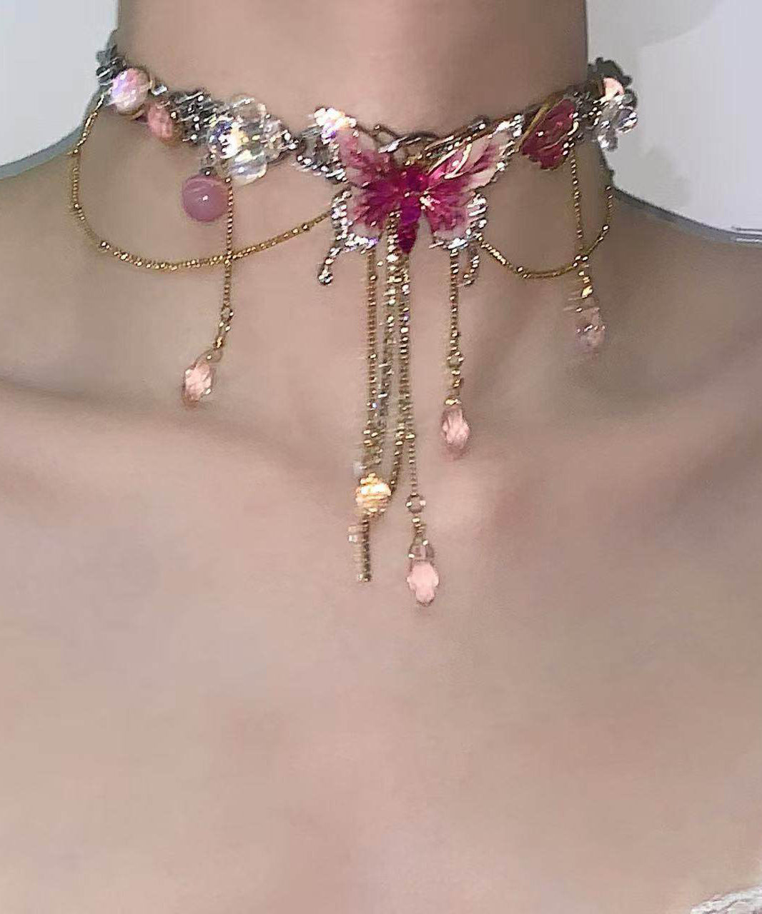 Style Pink Stainless Steel Butterfly Tassel Lariat Necklace