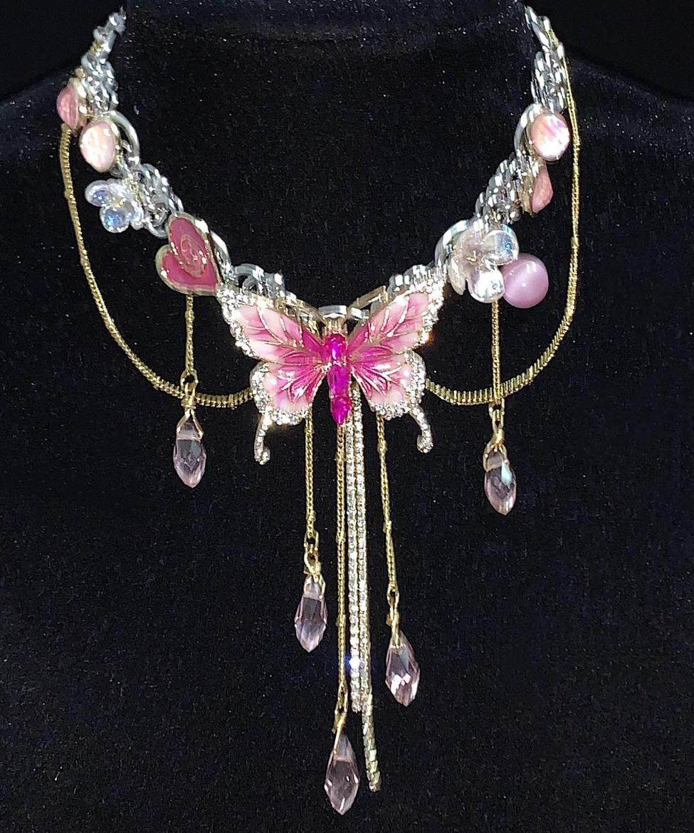 Style Pink Stainless Steel Butterfly Tassel Lariat Necklace