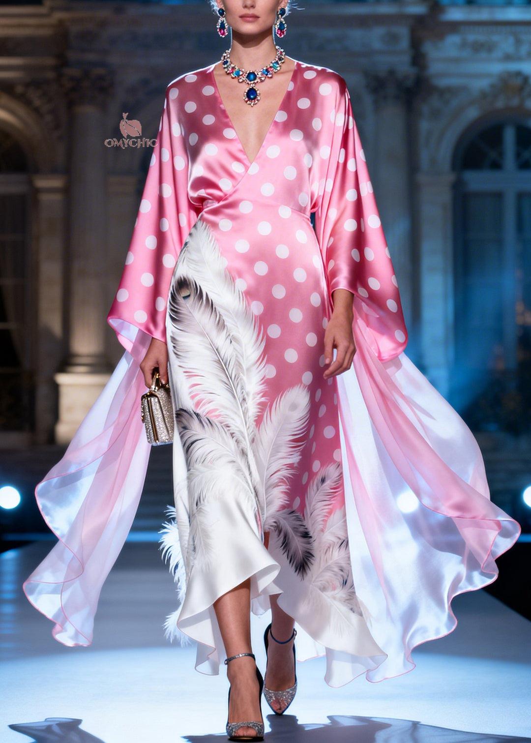 Style Pink V Neck Dot Feather Print Silk Long Dresses Summer
