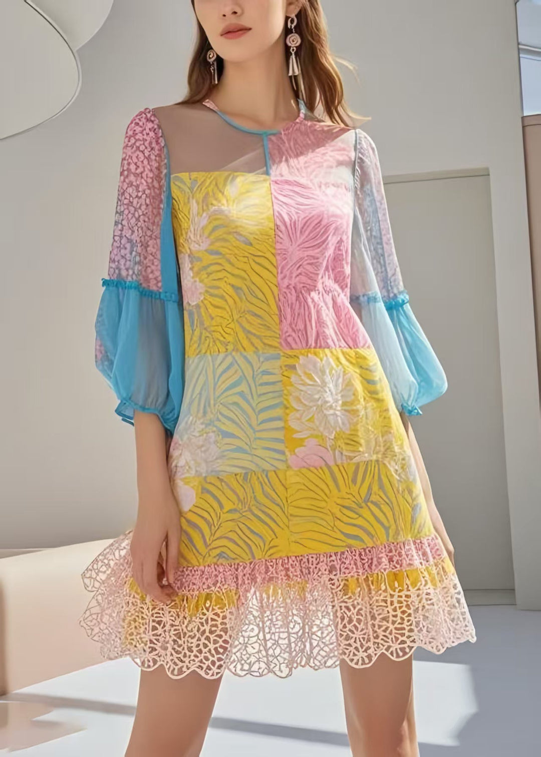 Style Polychrome Patchwork Lace Chiffon Holiday Dresses Summer