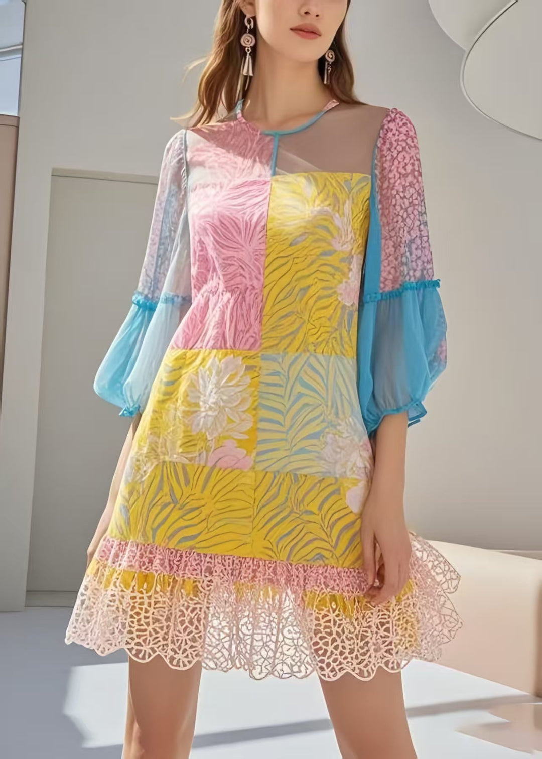 Style Polychrome Patchwork Lace Chiffon Holiday Dresses Summer