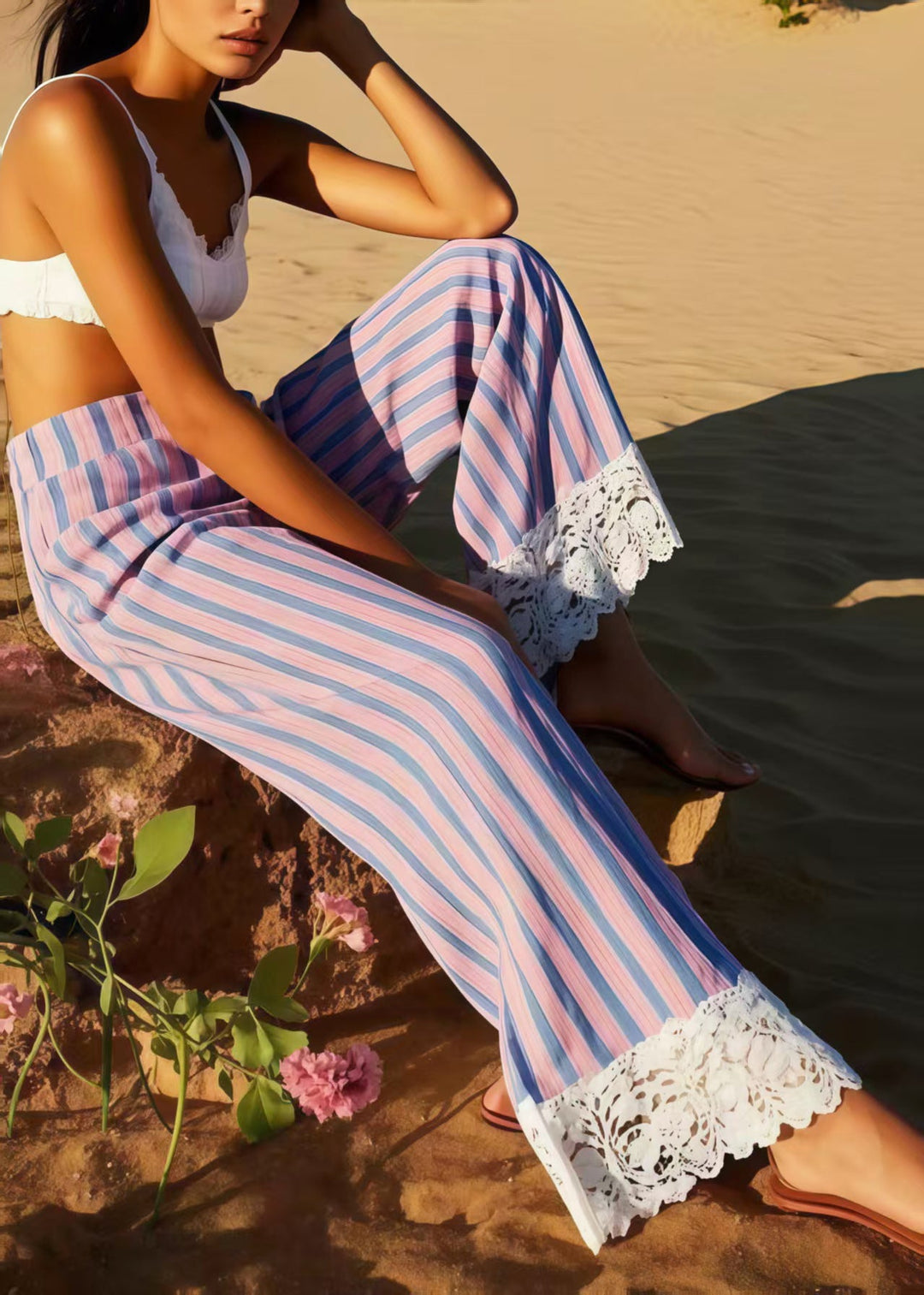 Style Polychrome Striped Patchwork Lace Straight Pants Summer