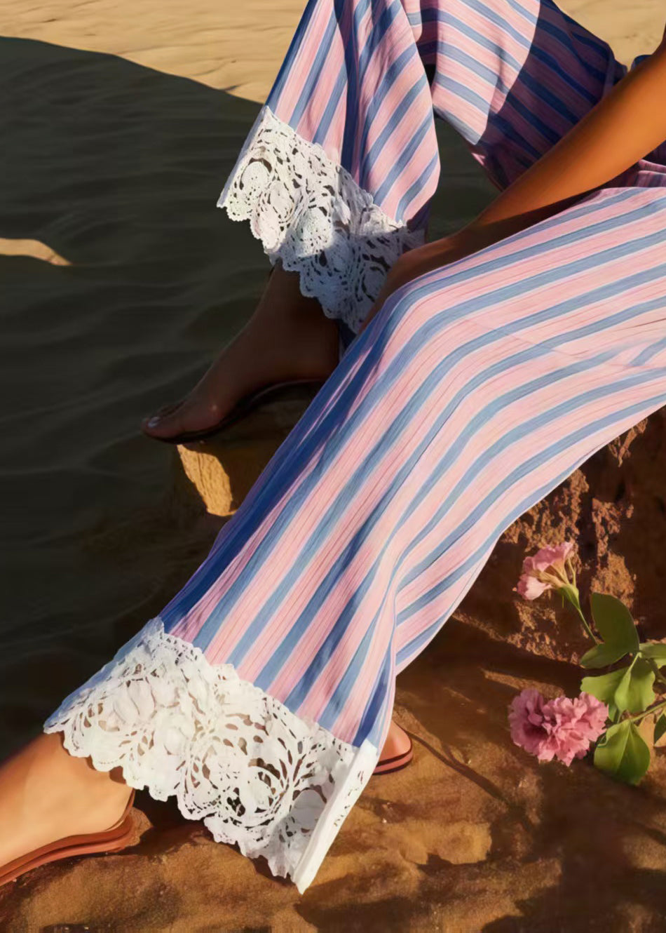 Style Polychrome Striped Patchwork Lace Straight Pants Summer
