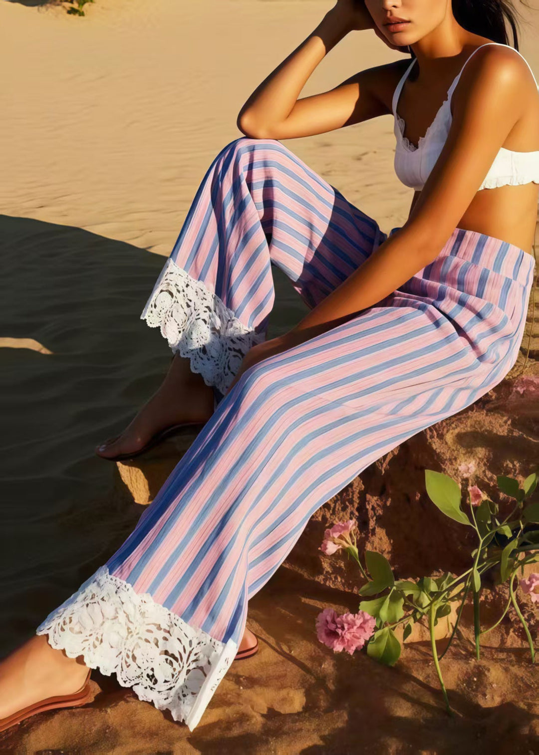 Style Polychrome Striped Patchwork Lace Straight Pants Summer