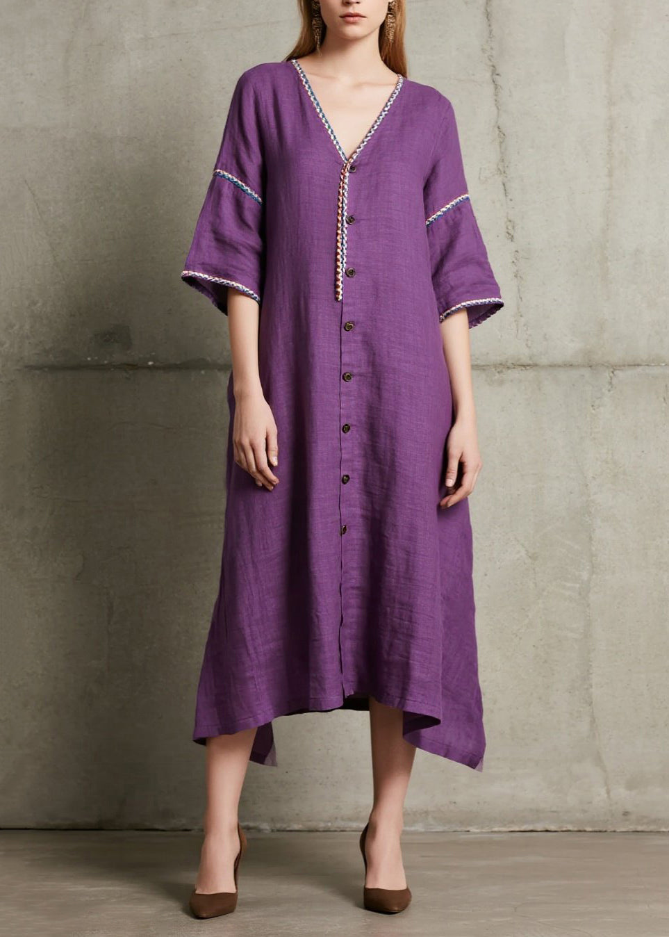 Style Purple Embroidered Button Cotton Long Dress Summer