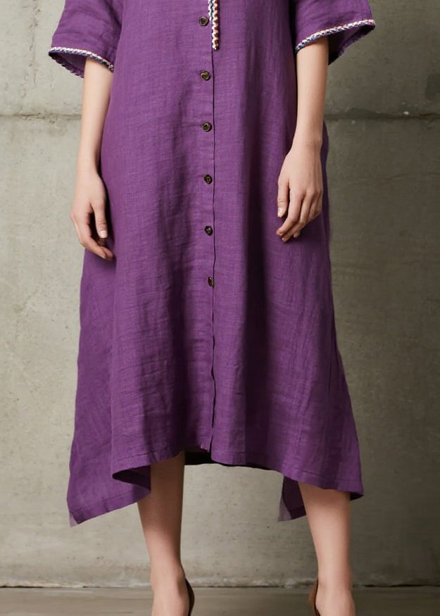 Style Purple Embroidered Button Cotton Long Dress Summer