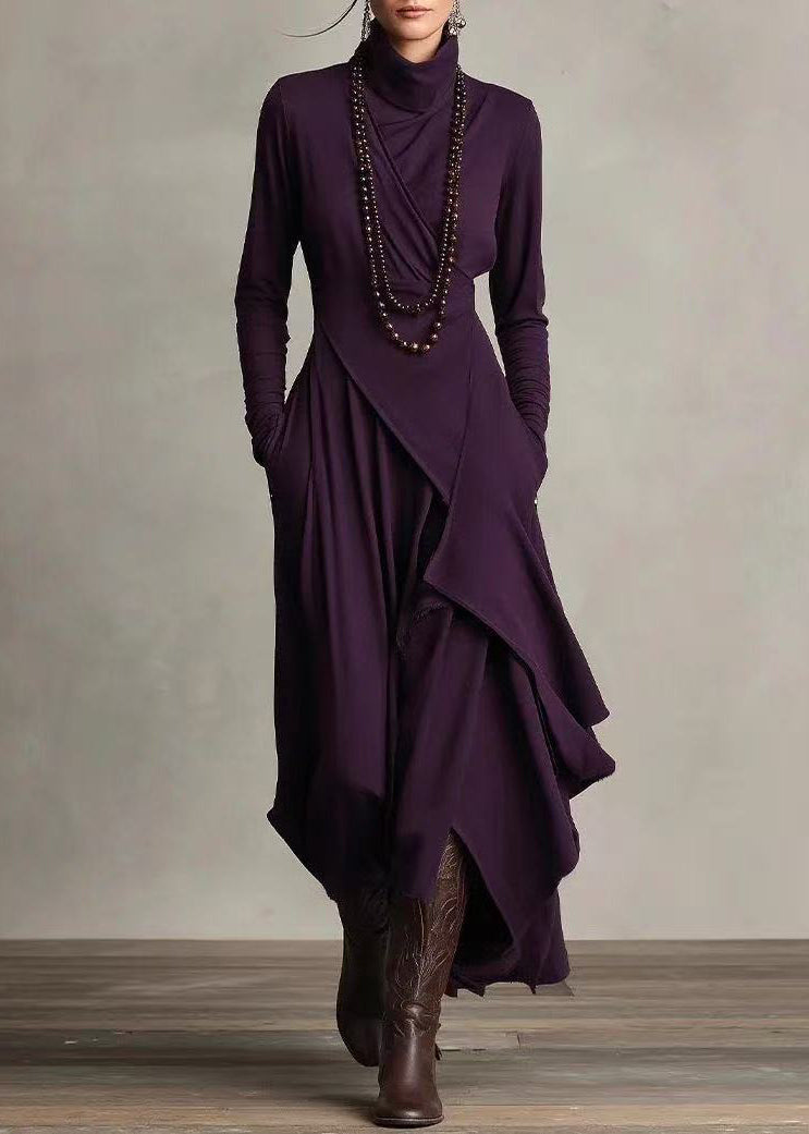Style Purple High Neck Asymmetrical Cotton Long Dresses Fall