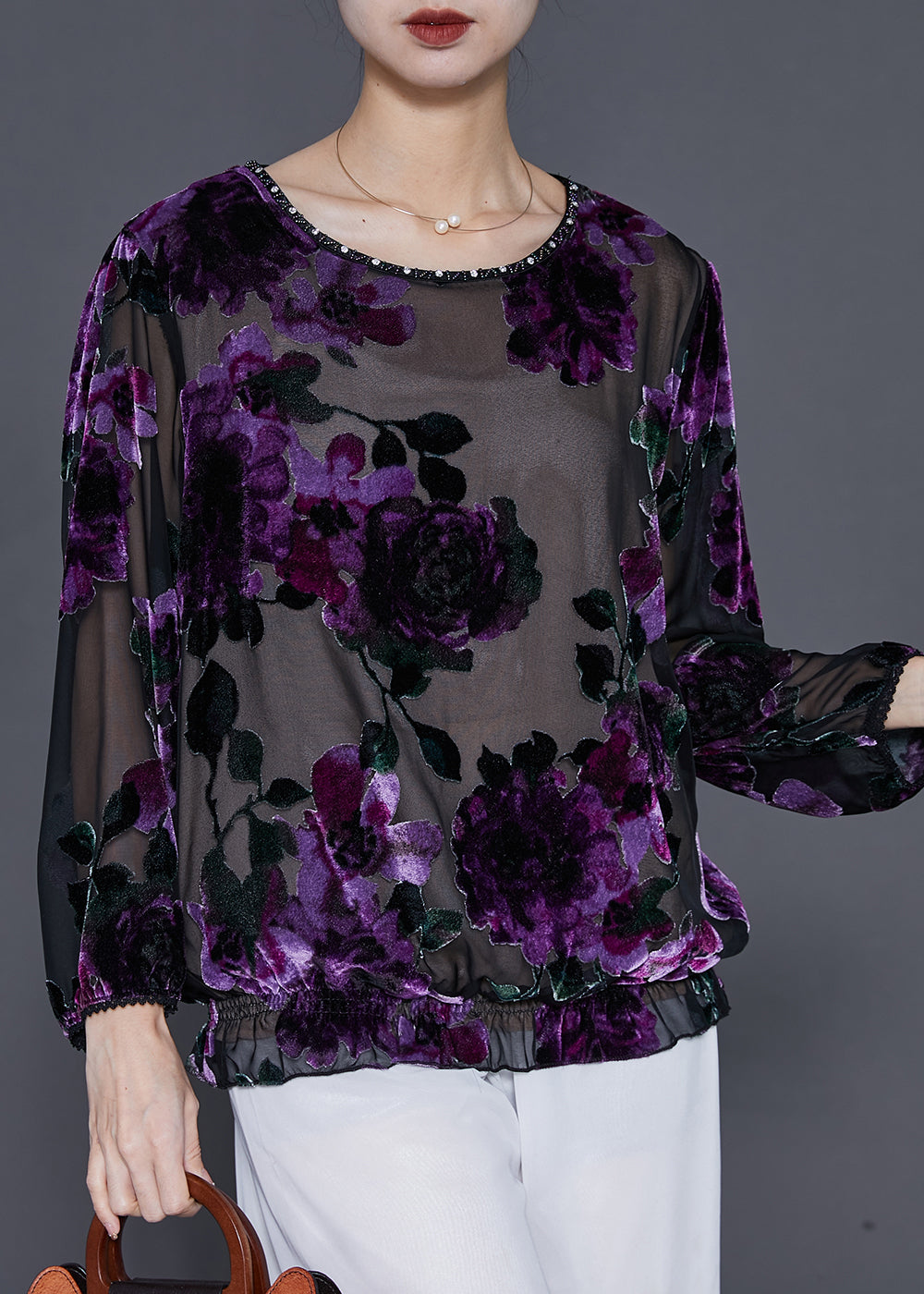 Style Purple Jacquard Hollow Out Tulle Top Spring