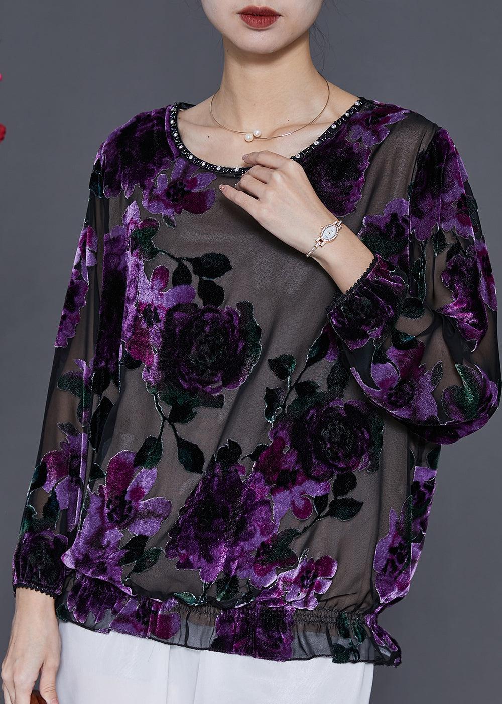 Style Purple Jacquard Hollow Out Tulle Top Spring