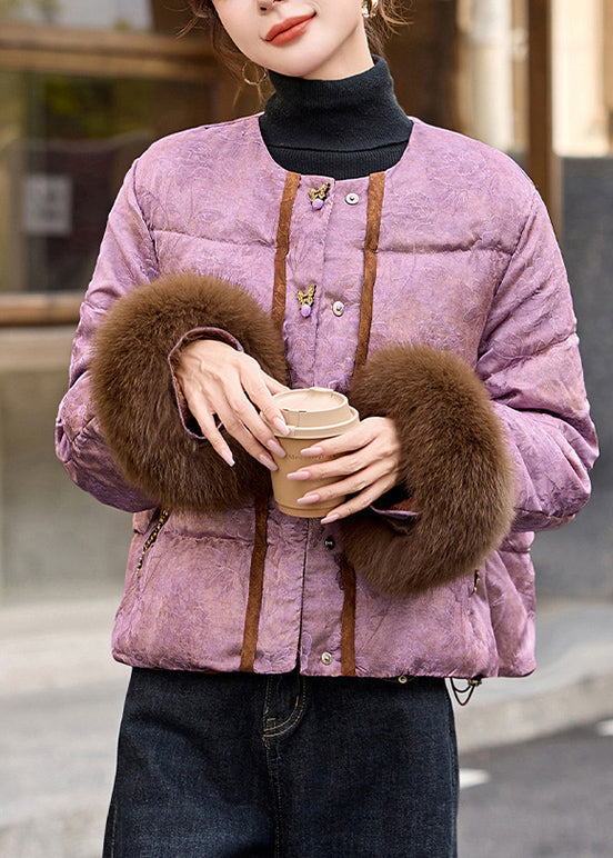 Style Purple Jacquard Patchwork Fox Fur Duck Down Puffer Coat Winter