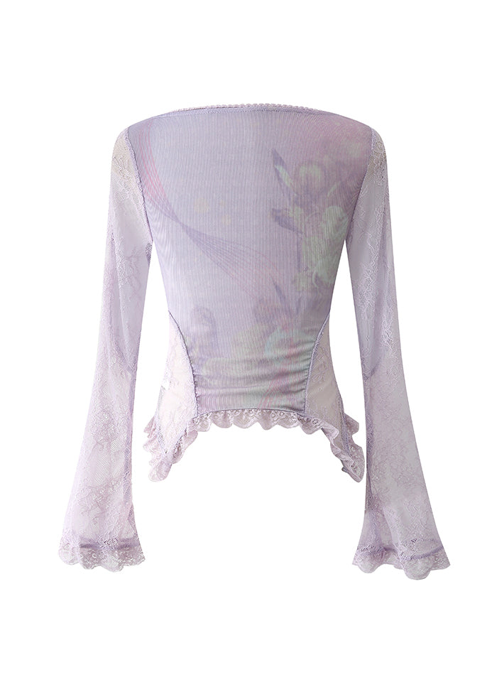 Style Purple Lace Lace Up Patchwork Cotton Tops Fall