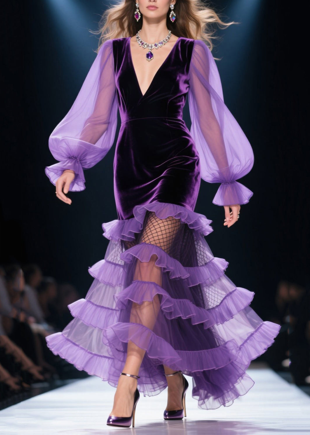 Style Purple Layered Ruffled Patchwork Silk Velvet Party Dresses Spring