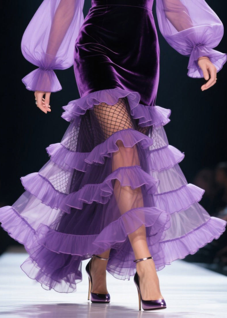 Style Purple Layered Ruffled Patchwork Silk Velvet Party Dresses Spring