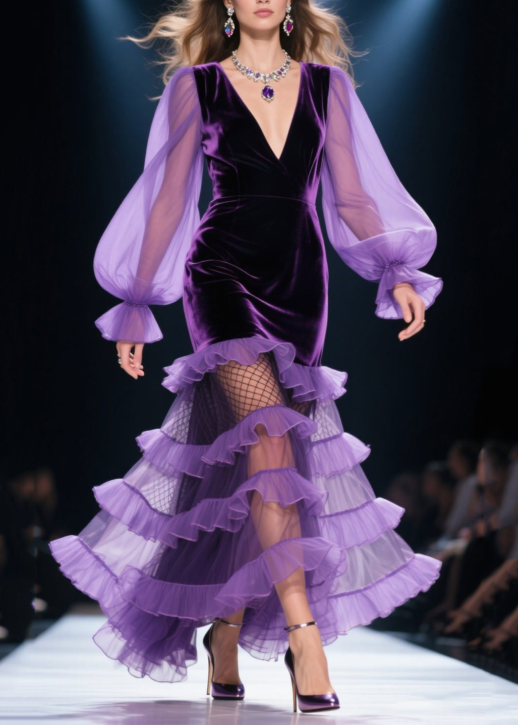 Style Purple Layered Ruffled Patchwork Silk Velvet Party Dresses Spring