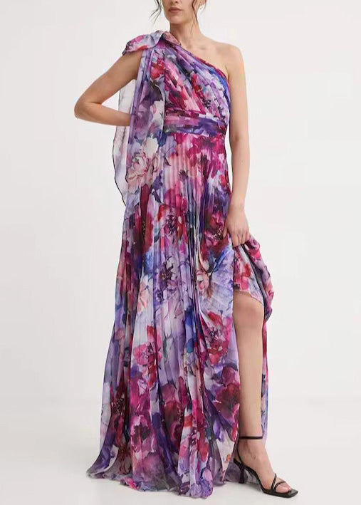Style Purple One Shoulder Print Exra Large Hem Chiffon Dress Summer