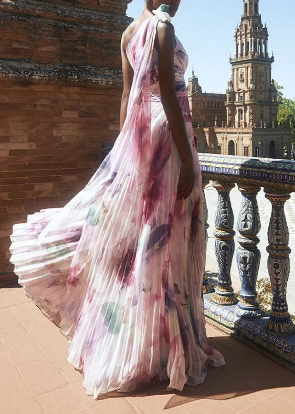 Style Purple One Shoulder Print Exra Large Hem Chiffon Dress Summer