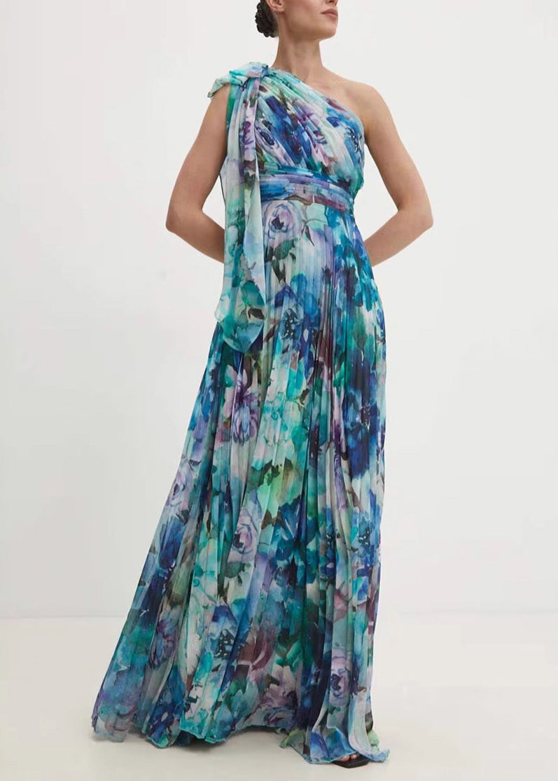 Style Purple One Shoulder Print Exra Large Hem Chiffon Dress Summer