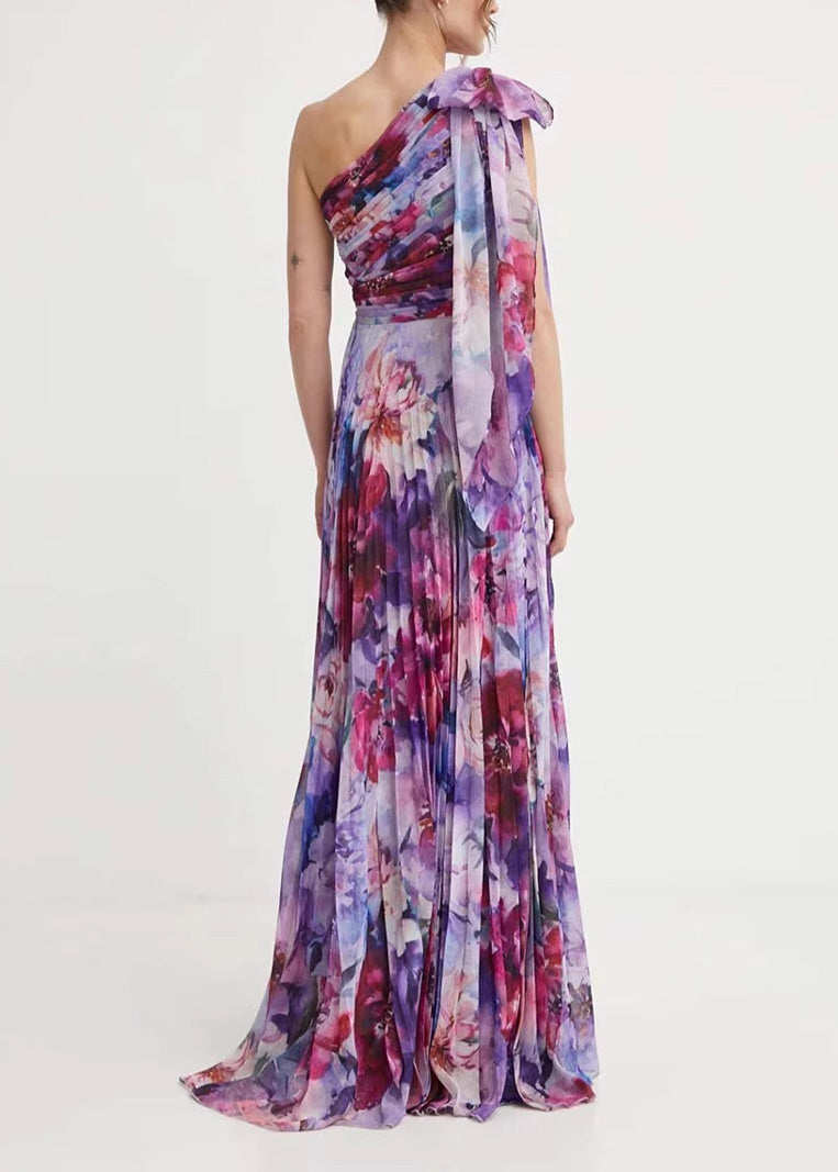 Style Purple One Shoulder Print Exra Large Hem Chiffon Dress Summer