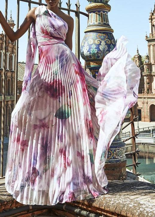 Style Purple One Shoulder Print Exra Large Hem Chiffon Dress Summer