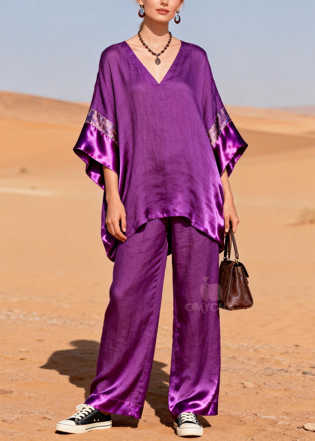 Style Purple Oversized Patchwork Silk Linen Two Pieces Set Summer