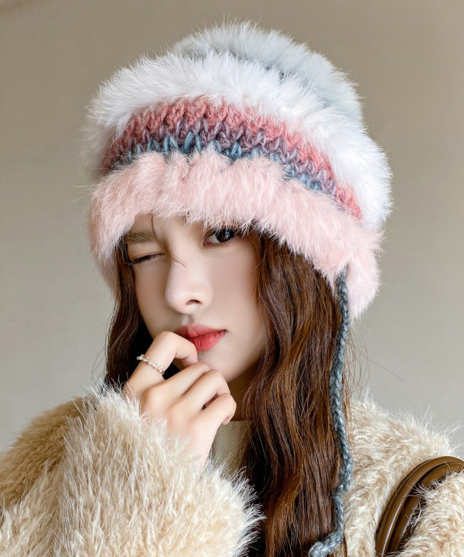 Style Purple Rabbit Knit Patchwork Bucket Hat