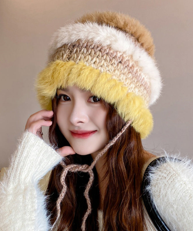 Style Purple Rabbit Knit Patchwork Bucket Hat