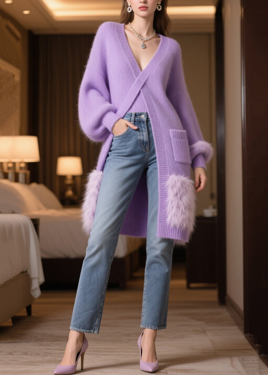 Style Purple Side Open Patchwork Faux Fur Long Knit Dress Winter
