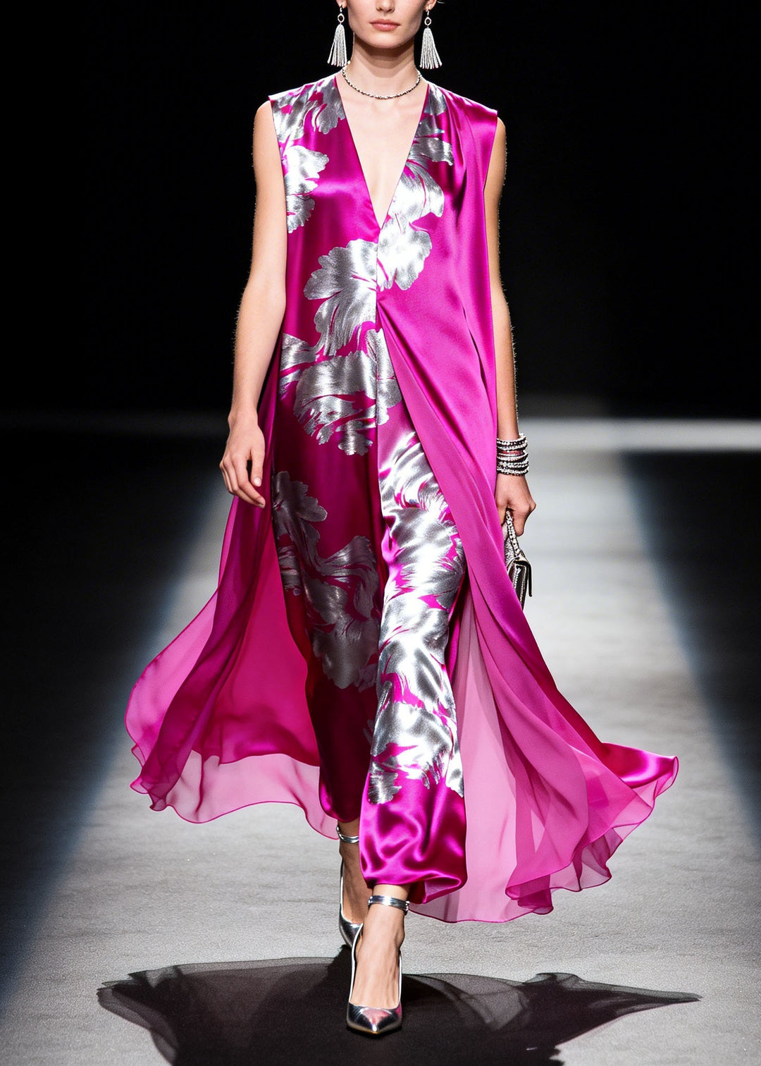 Style Purple V Neck Print Patchwork Silk Dress Summer