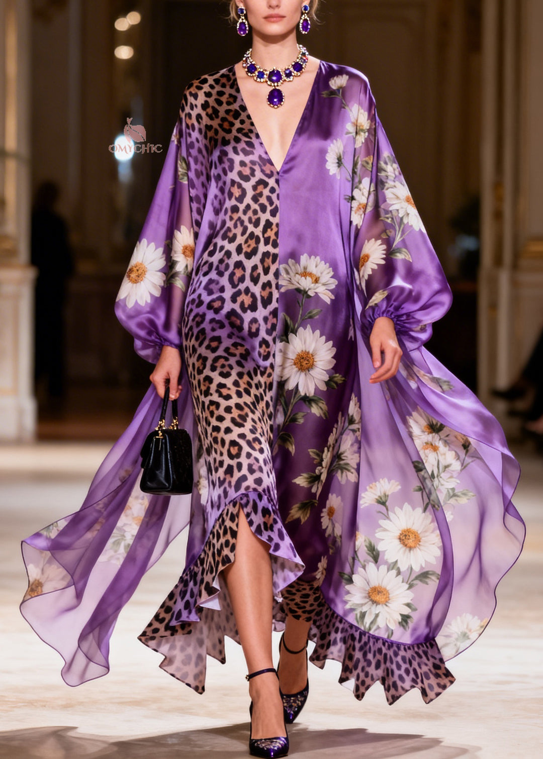 Style Purple V Neck Print Ruffled Patchwork Silk Long Dresses Summer
