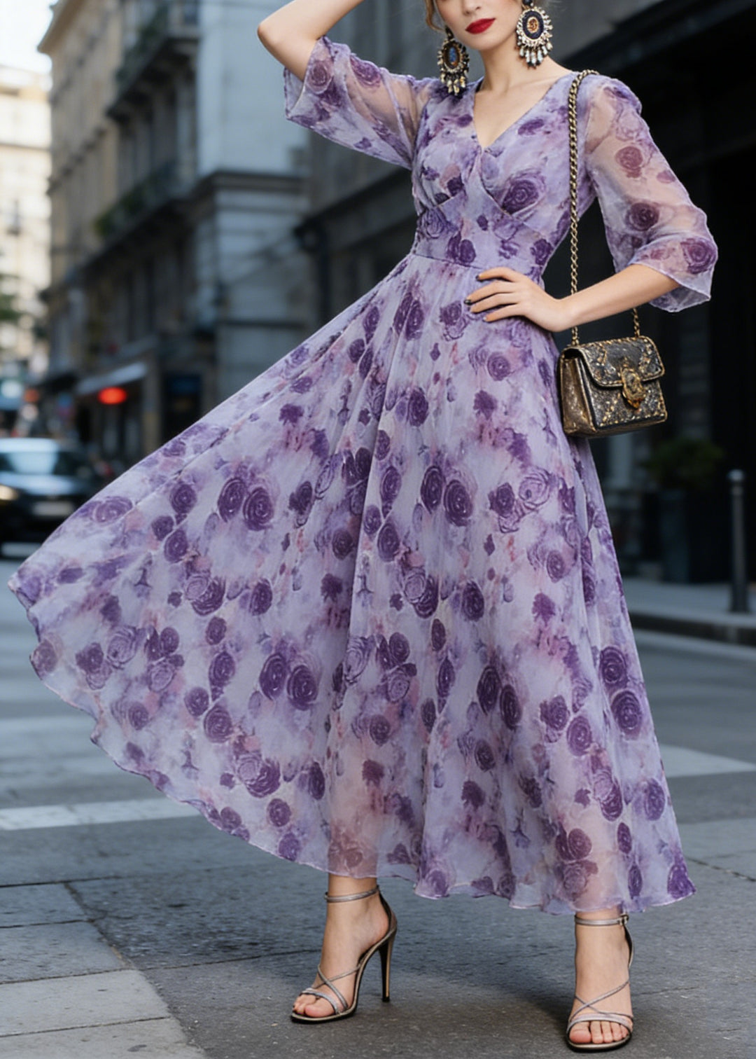 Style Purple V Neck Print Slim Chiffon Vacation Maxi Dresses Spring