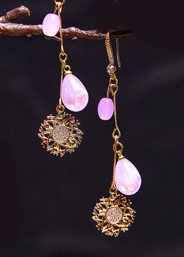 Style Purple Water Droplet Beads Sunflower 14K Gold Drop Earrings - Omychic