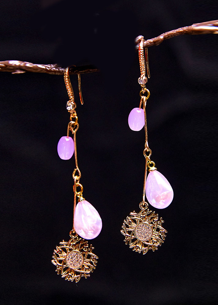 Style Purple Water Droplet Beads Sunflower 14K Gold Drop Earrings