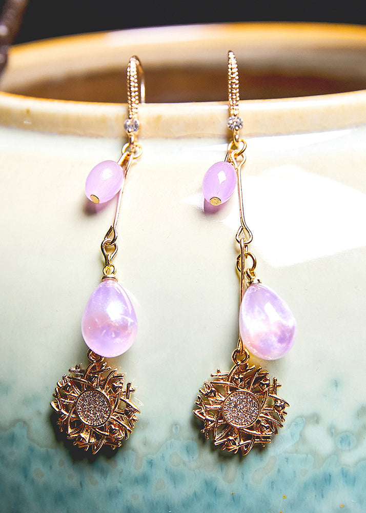 Style Purple Water Droplet Beads Sunflower 14K Gold Drop Earrings - Omychic