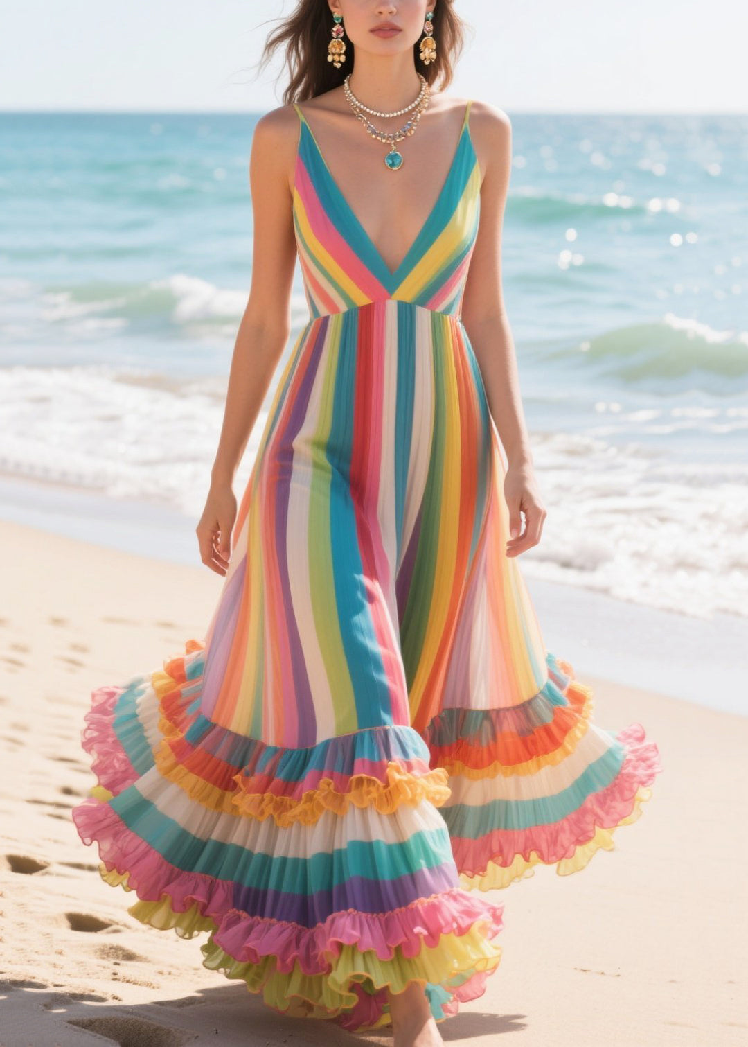 Style Rainbow Ruffled Striped Chiffon Cami Dress Summer