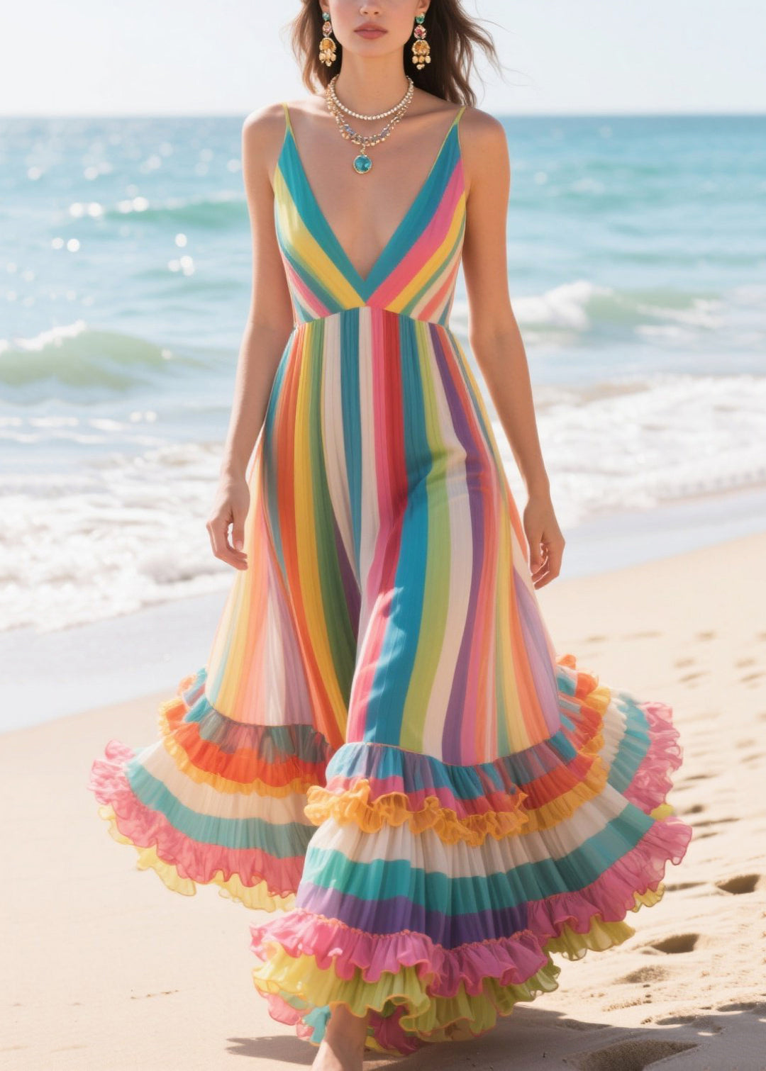 Style Rainbow Ruffled Striped Chiffon Cami Dress Summer