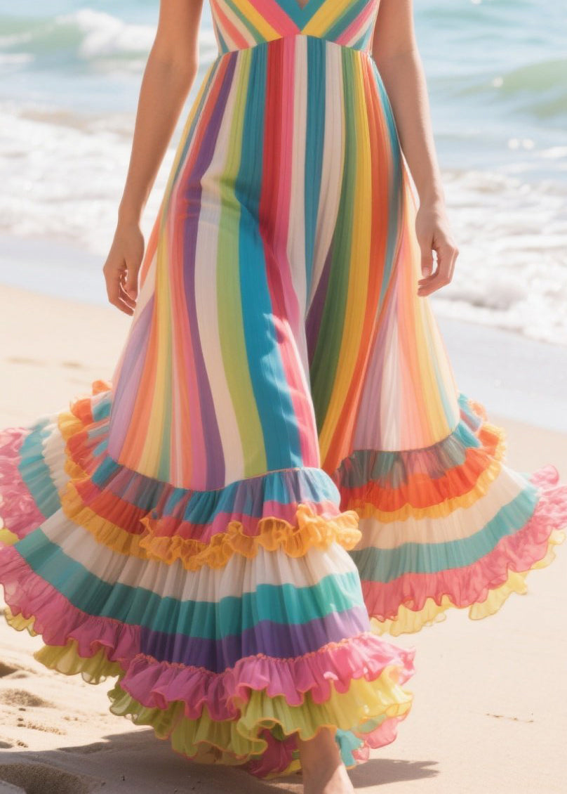 Style Rainbow Ruffled Striped Chiffon Cami Dress Summer