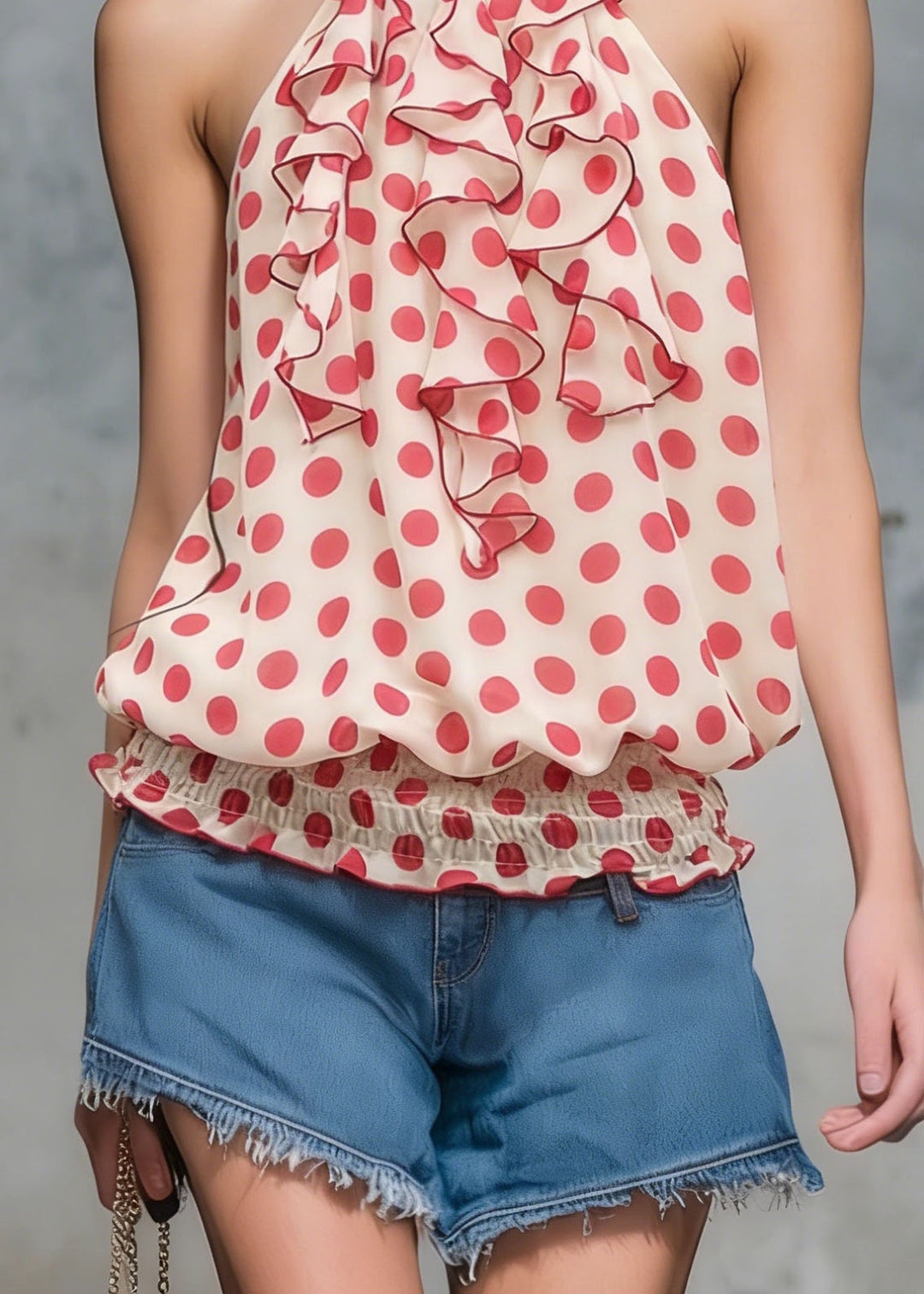 Style Red Dot Ruffled Patchwork Chiffon Shirt Top Sleeveless