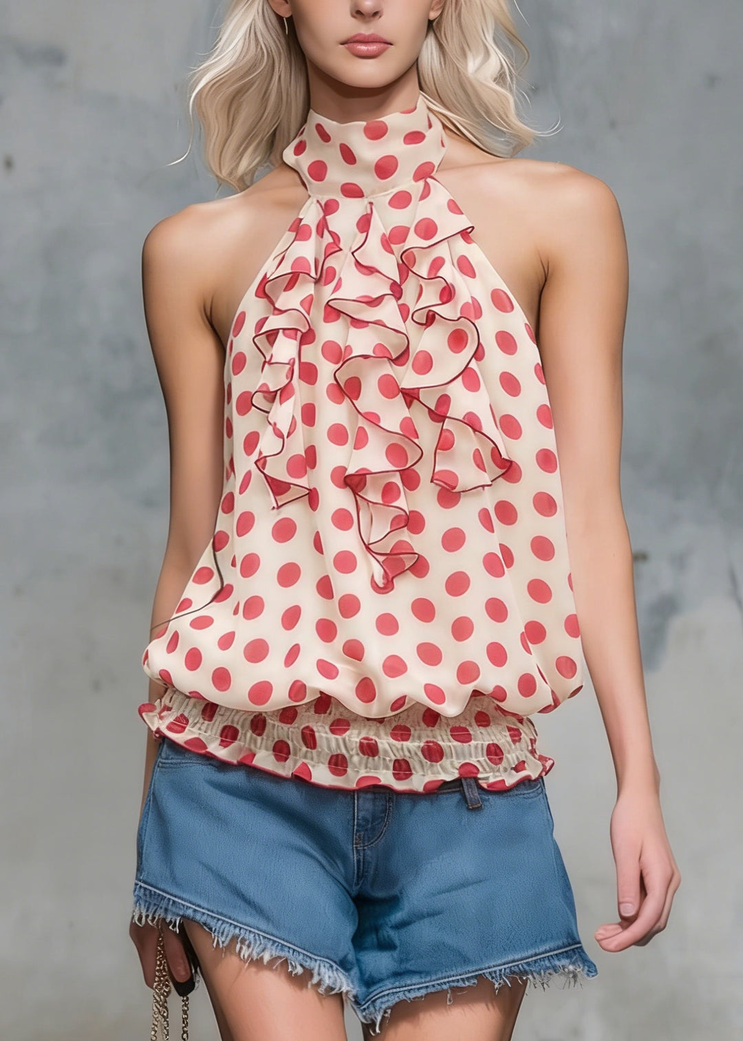 Style Red Dot Ruffled Patchwork Chiffon Shirt Top Sleeveless
