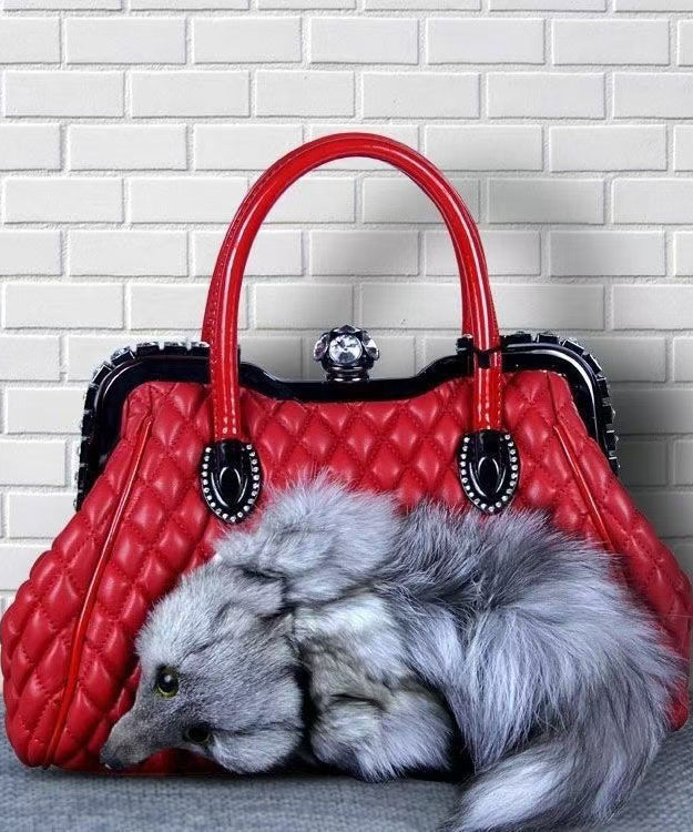 Style Red Fox Fur Decorated Faux Leather Tote Handbag